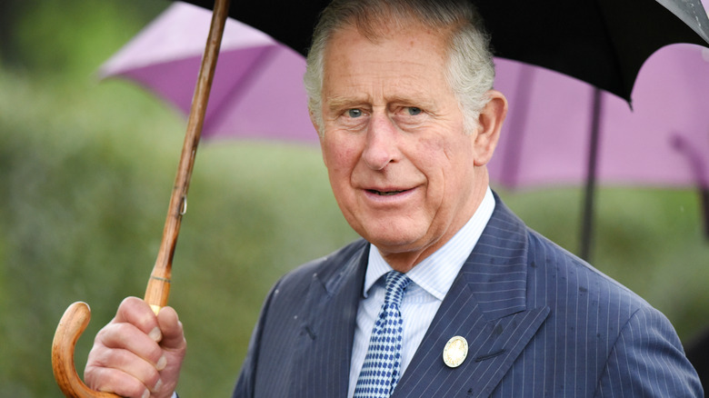 King Charles III holding an umbrella