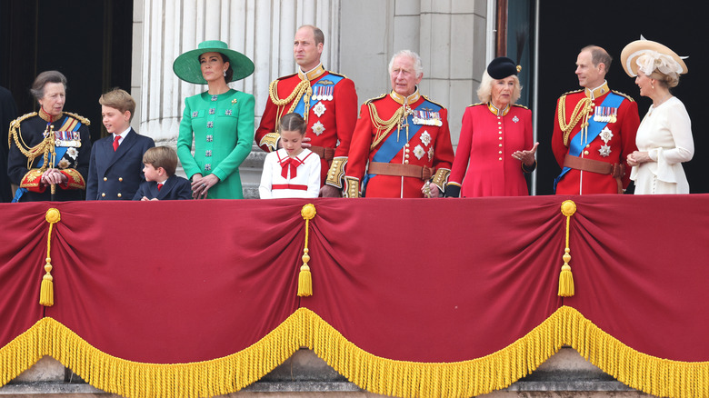 Anne, Princess Royal; Prince George, Prince Louis, Kate Middleton, Prince William, Princess Charlotte, King Charles, Camilla, Prince Edward, and Sophie, Countess of Wessex watch Trooping of the Colors 2023