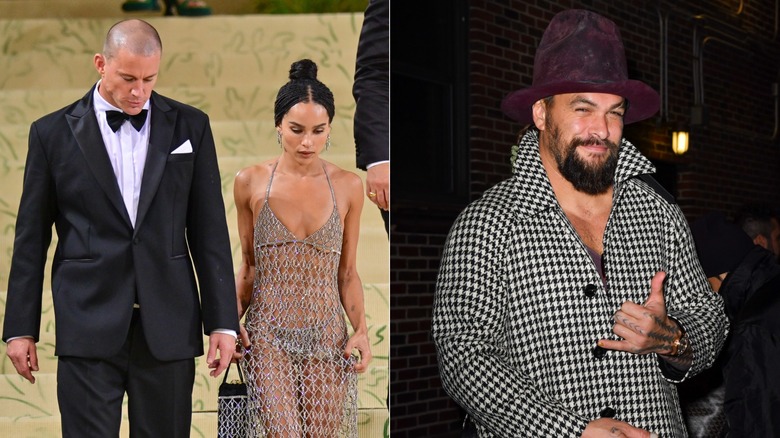 Split image of Channing Tatum and Zoë Kravitz; Jason Momoa smiling