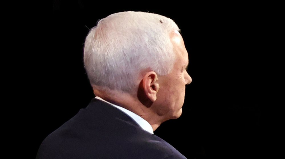 Mike Pence at debate with fly on his head