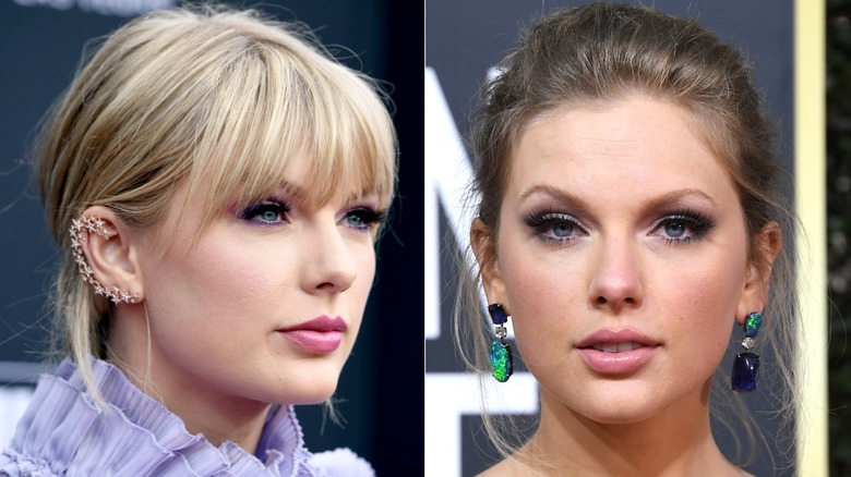 Split image of Taylor Swift wearing glam earrings