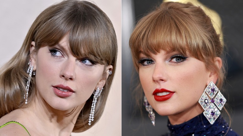 Split image of Taylor Swift wearing diamond earrings