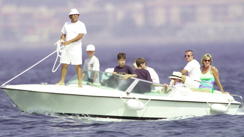 Dodi Fayed, Prince Harry, Prince William, Princess Diana on boat in San Tropez