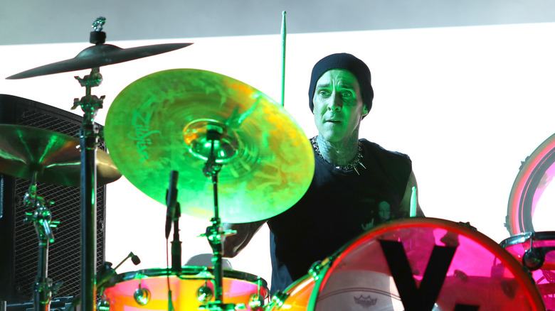 Travis Barker drumming on stage