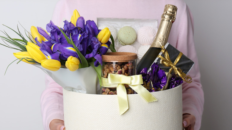 gift basket with flowers and wine