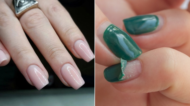 Pink manicure and damaged nails with green polish