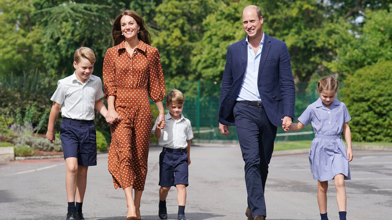 Prince George, Kate Middleton, Prince Louis, Prince William, and Princess Charlotte walking together