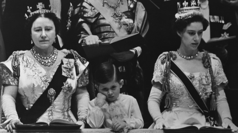 The Queen Mother, Prince Charles, and Princess Margaret at Elizabeth's coronation