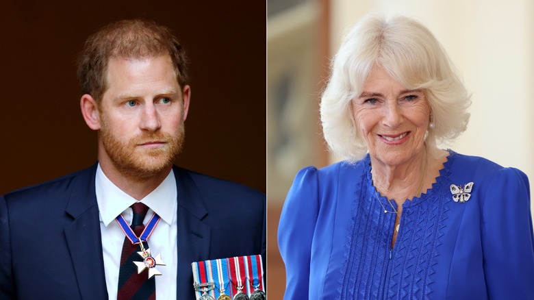 A split image of Queen Camilla and Prince Harry