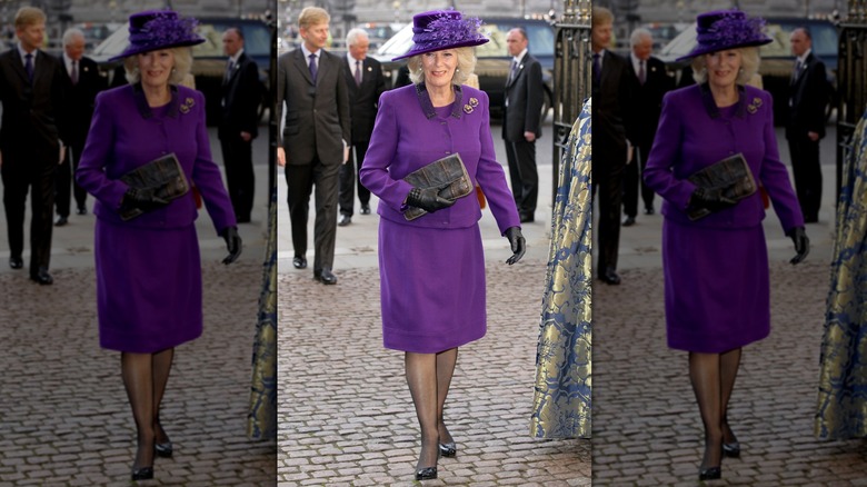 Queen Camilla in a purple outfit 