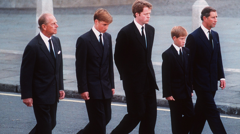 Royal family walking at Diana's funeral