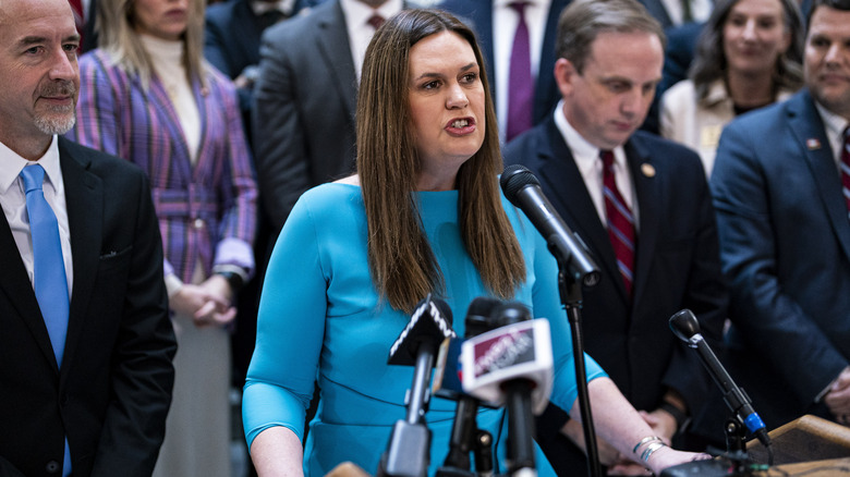 Sarah Huckabee Sanders speaking to reporters