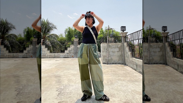 Green patchwork parachute pants