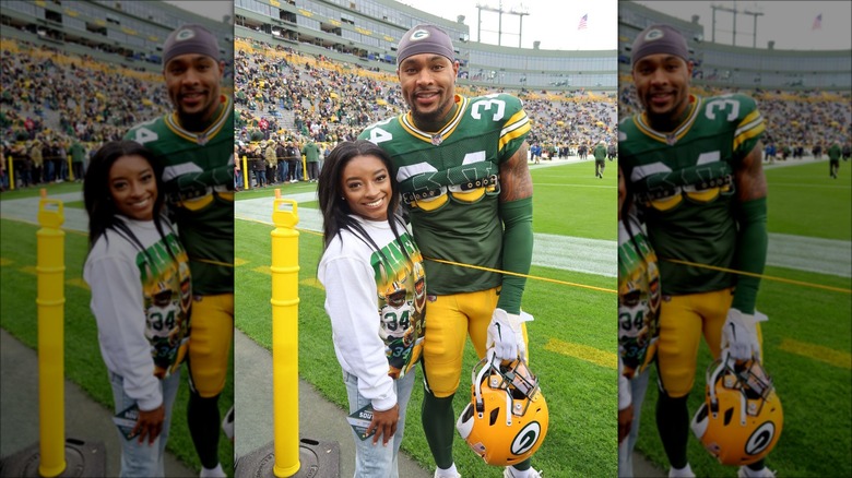 Simone Biles and Jonathan Owens at a Packers game