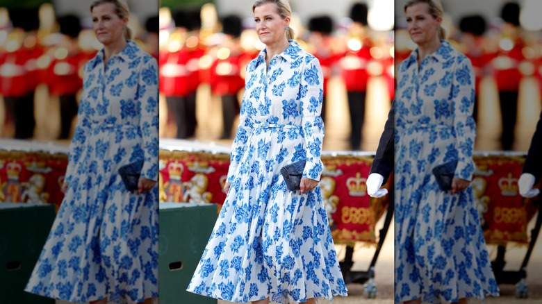 Sophie, Duchess of Edinburgh standing in floral blue dress