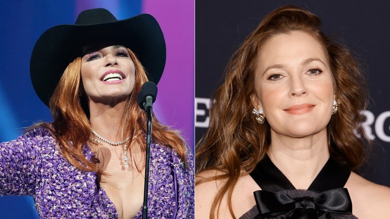 Shania Twain speaking & Drew Barrymore smiling