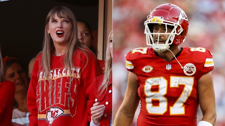 Taylor Swift smiling & Travis Kelce walking