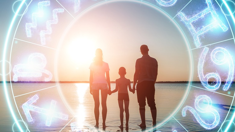 A family standing on a beach surrounded by a zodiac wheel