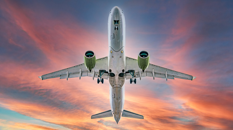 Airplane flying during beautiful sunset sky