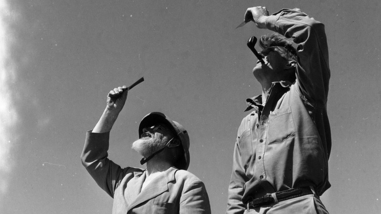 Two men looking at solar eclipse 