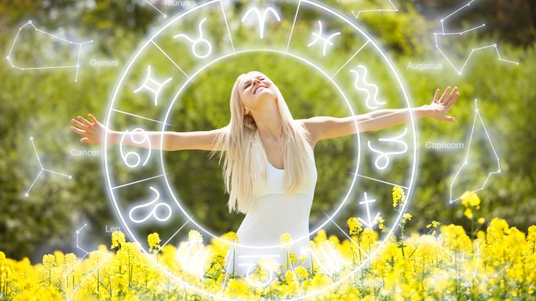 Woman in field of yellow flowers with Zodiac circle superimposed over her