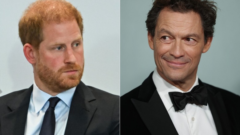 Left: Prince Harry looks to the left, Right: Dominic West looks to the right 