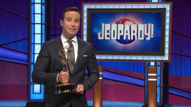 Mike Richards with Emmy for Jeopardy!