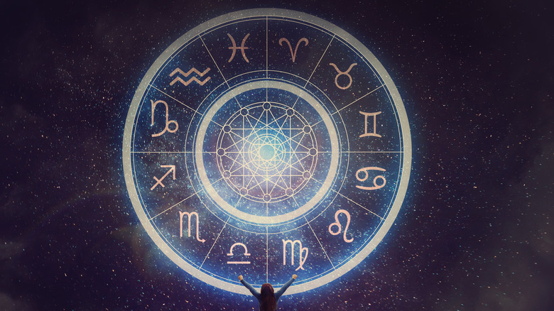 Woman raising arms in front of a circle with all zodiac signs