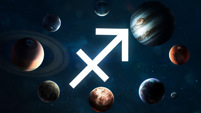 Sagittarius zodiac sign surrounded by planets. 