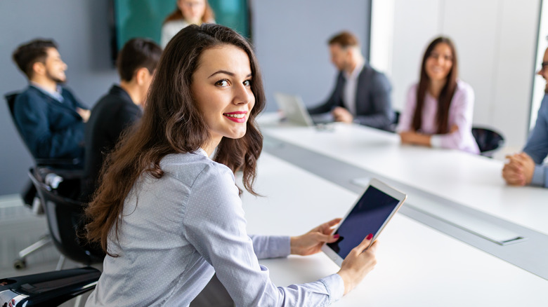 A woman during a work meeting. 