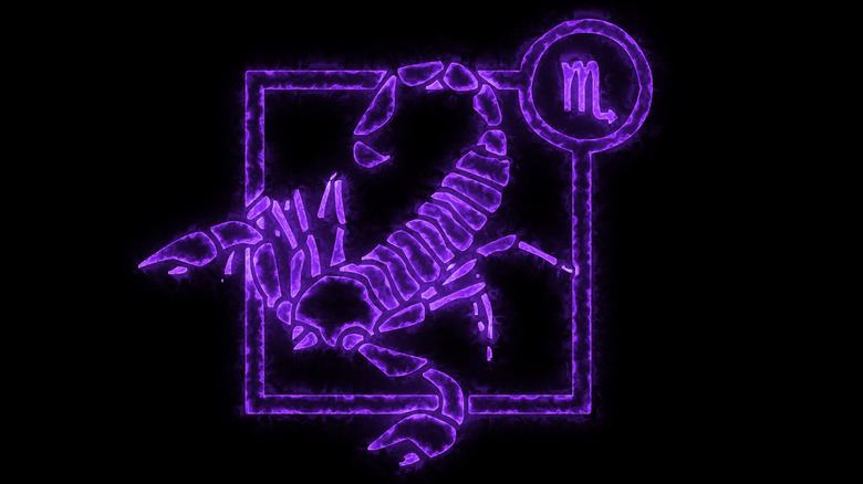 Outline of a scorpion in purple next to Scorpio sign