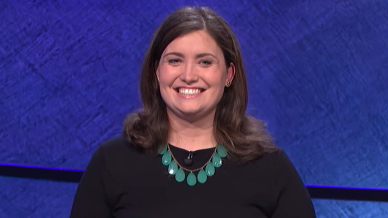 Julia Collins smiling on "Jeopardy!"