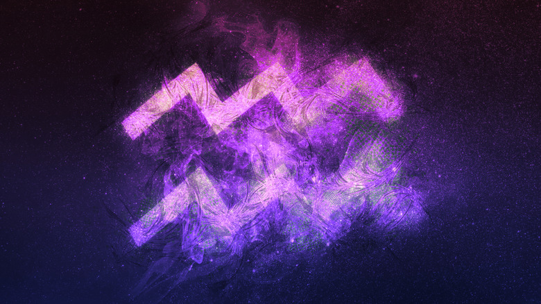 Aquarius zodiac sign in purple galaxy glow