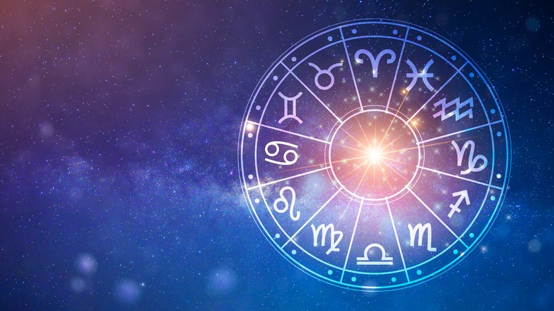 Zodiac wheel in a starry purple sky 