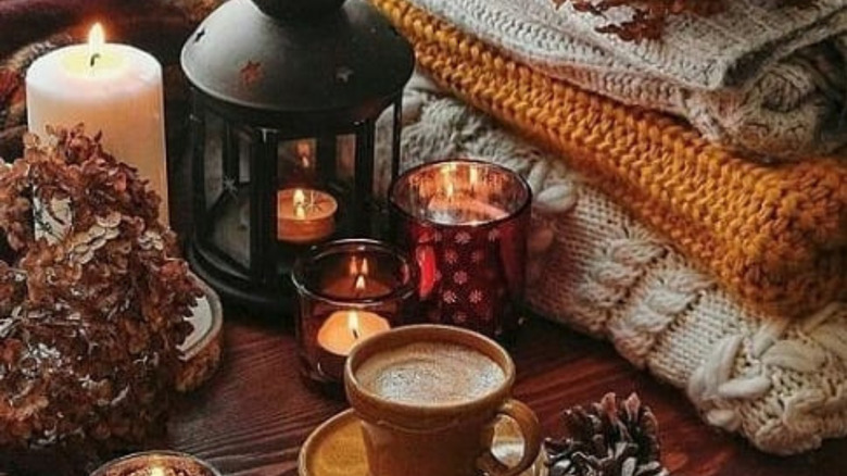 fall mug, candle, blankets, and aesthetic 