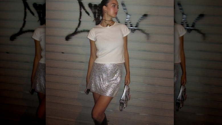 Woman wearing sparkly skirt