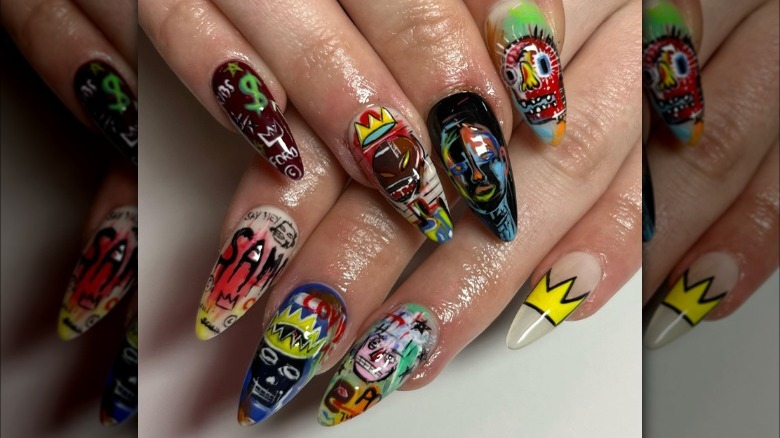 Colorful Basquiat cluttercore manicure