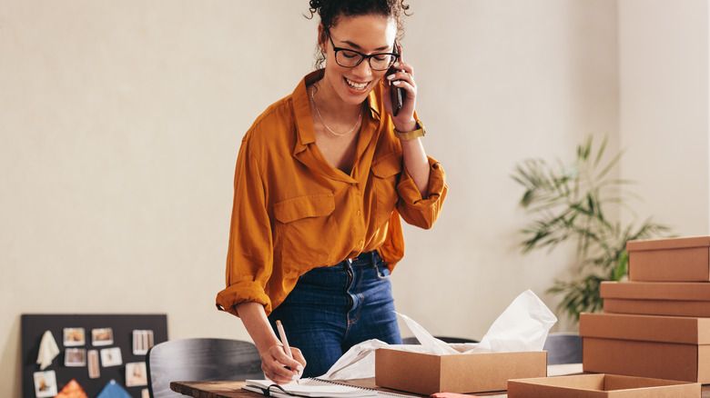 Woman smiling in home office