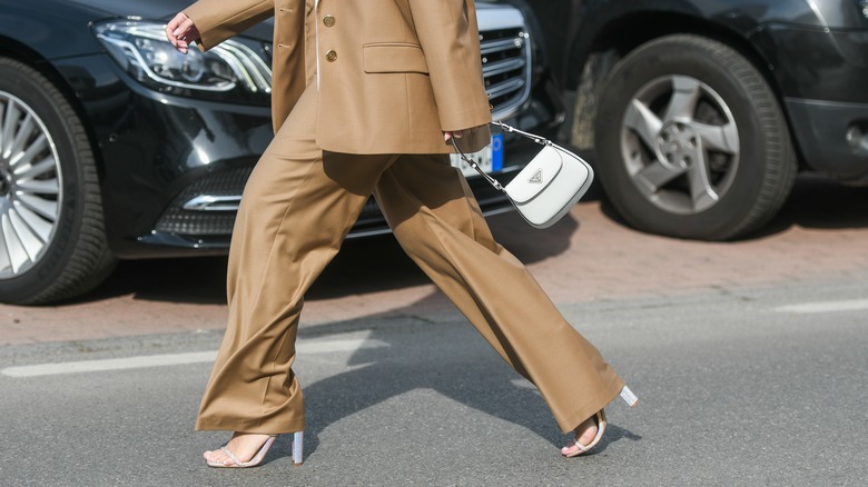 Oversized pants and blazer paired with open-toed heels