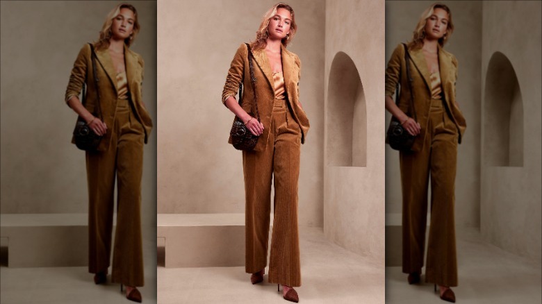 Banana republic model wears corduroy matching blazer set 