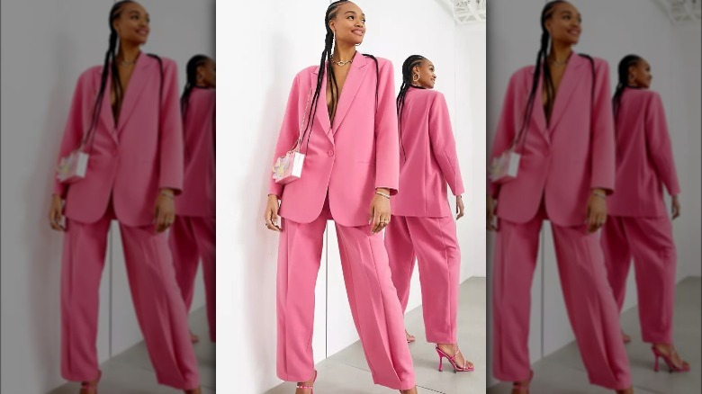 ASOS model wears matching pink blazer set 