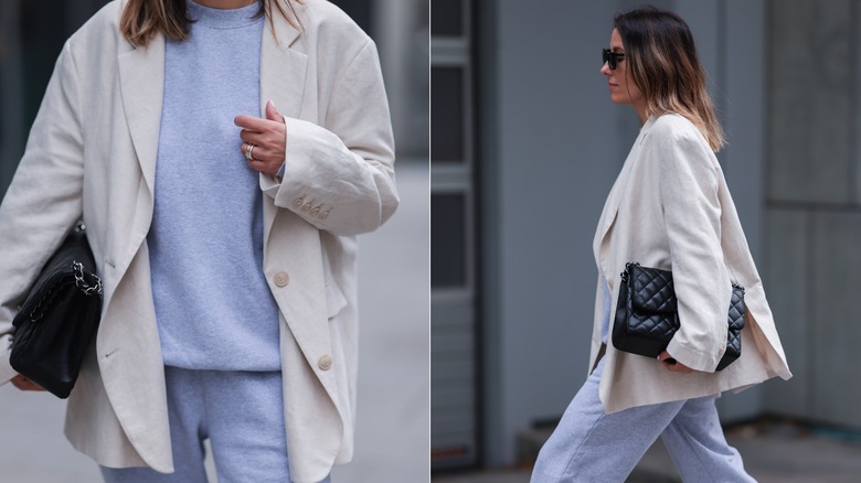 Woman in blazer, jogger and a corset top