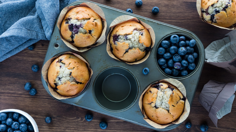 Blueberry muffins in a tin