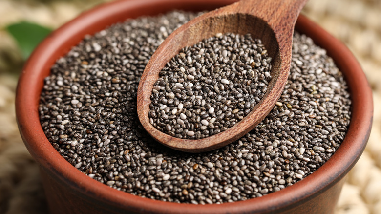 Bowl of chia seeds with a spoon