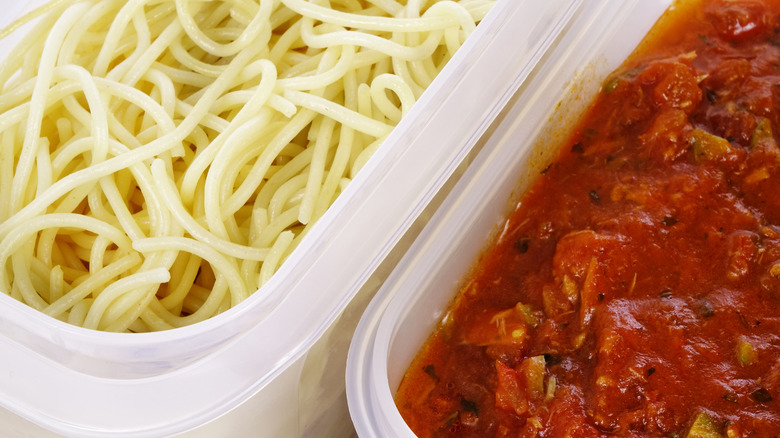 Spaghetti sauce in plastic container