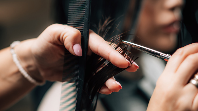 Someone cutting a woman's hair with scissors and a comb