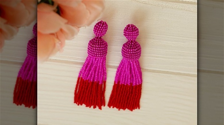 red and pink beaded tassel earrings