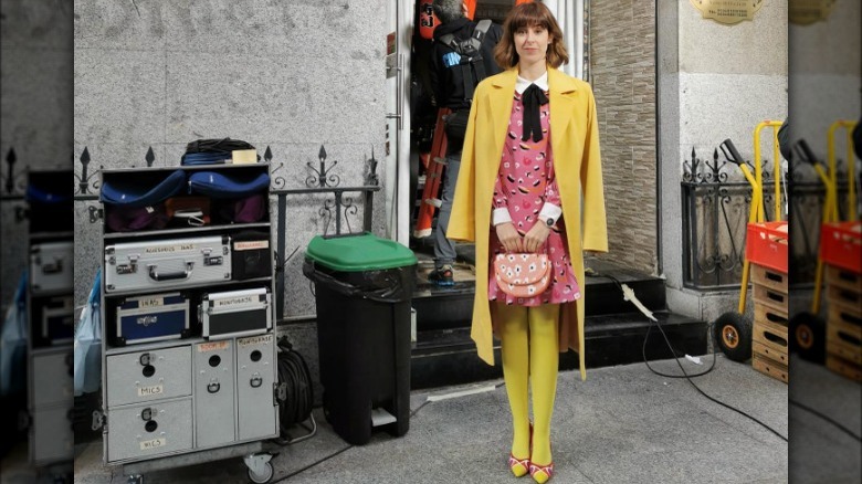 yellow tights and pink twee dress