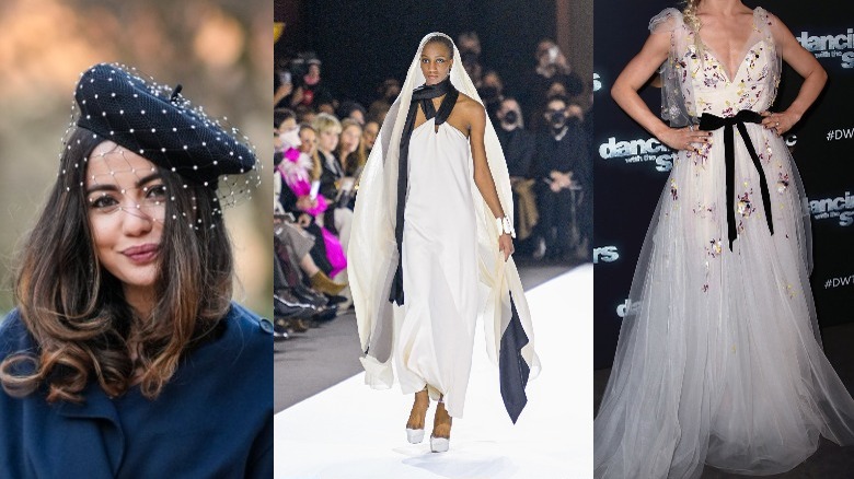 A black pearl beret, a white gown with black halter, a white gown with a black belt