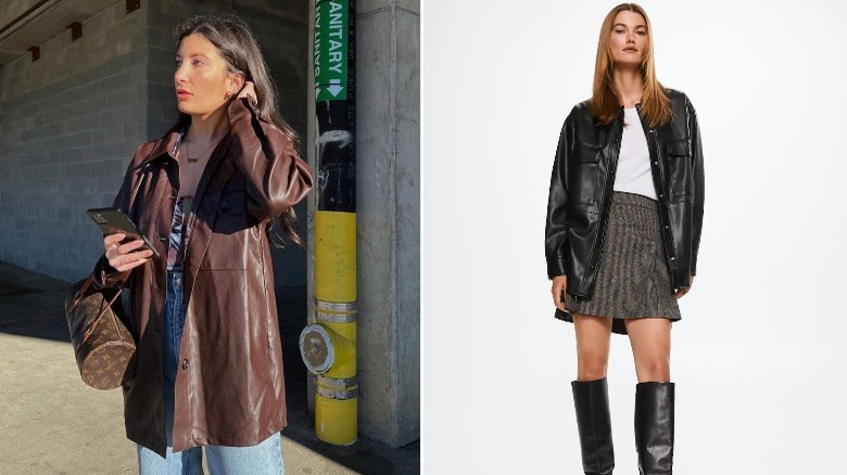 Instagram brown pleather and jeans/ mango pleather shacket split image